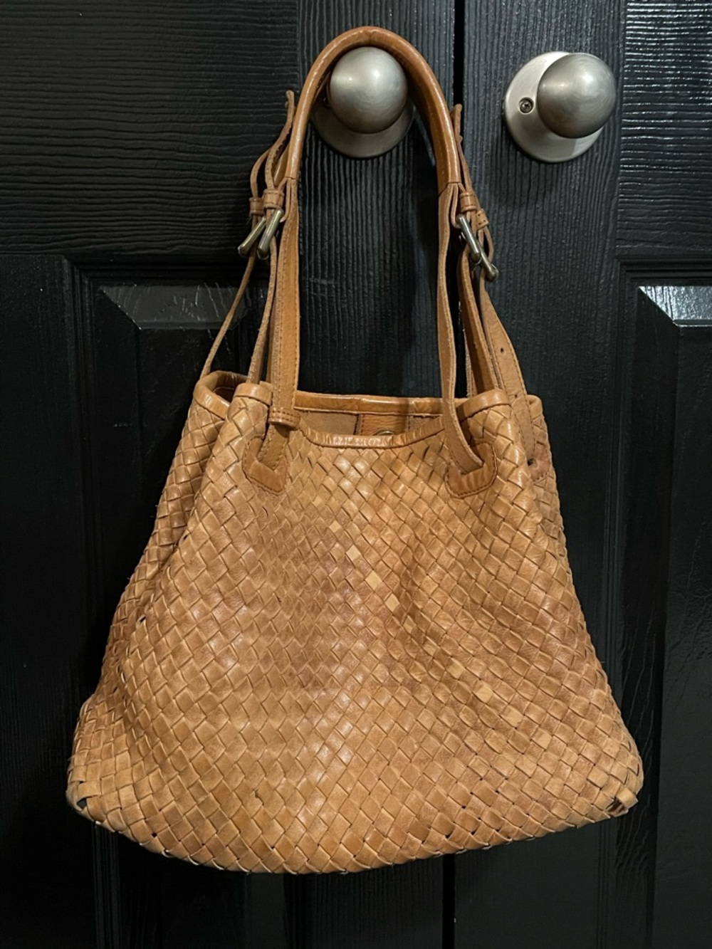 Valentina Genuine Leather Woven Bag in Tan